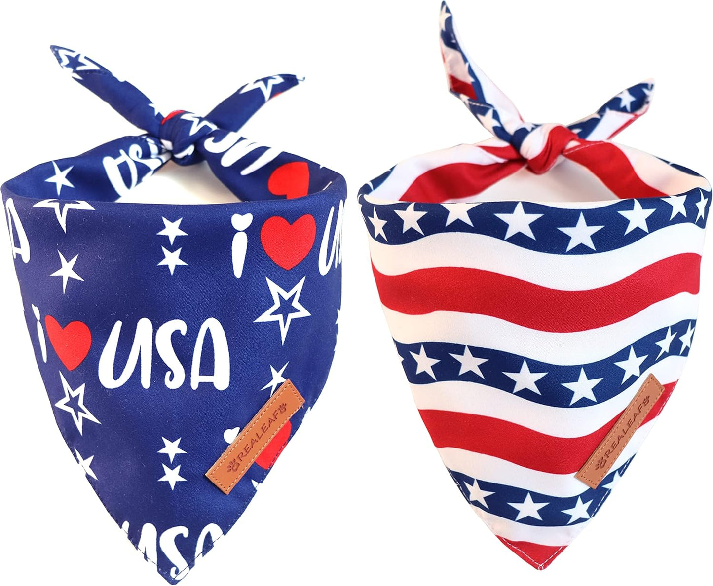 Realeaf 4th of July Dog Bandanas 2 Pack, Triangle Reversible American Flag Pet Patriotic Scarf for Boy and Girl, Premium Durable Fabric, USA Bandana for Small and Medium Dogs (Small)