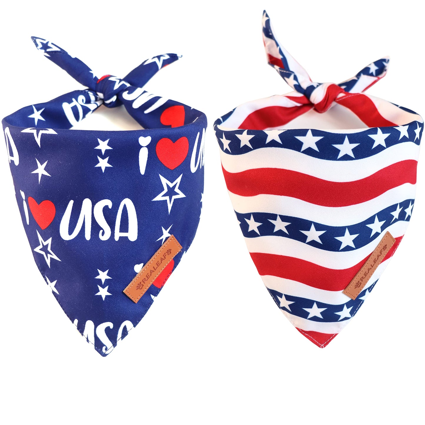 Realeaf 4th of July Dog Bandanas 2 Pack, Triangle Reversible American Flag Pet Patriotic Scarf for Boy and Girl, Premium Durable Fabric, USA Bandana for Small and Medium Dogs (Small)
